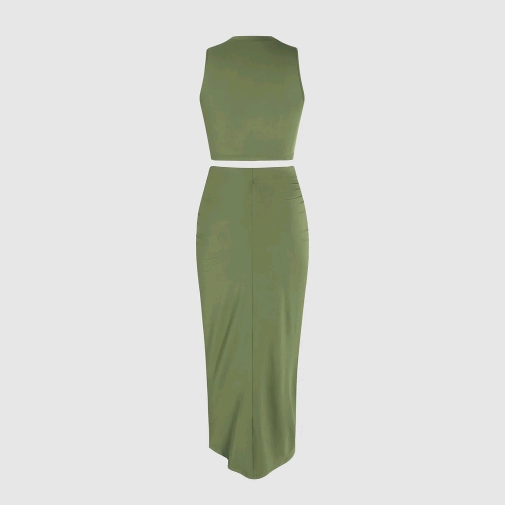 Cider Olive Green Crop Top and Skirt Ensemble - Picture 2 of 2